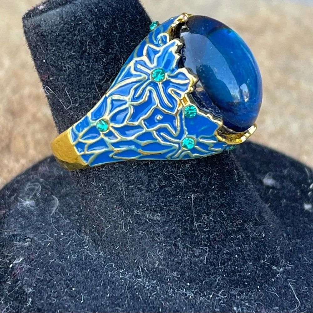Blue fashion stone w/blue & gold enamel floral cloisonné ring w/rhinestones - Picture 6 of 7
